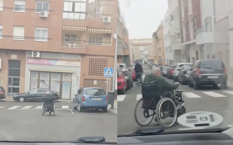 Circula en silla de ruedas por la carretera y la gente alucina por su velocidad: “Está patrullando la ciudad”