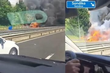 Un coche circula por una carretera de Vizcaya y graban en vídeo el momento en el que un vehículo explota y arde: “Creo que es una ambulancia; lo que explota son las bombonas que llevan”